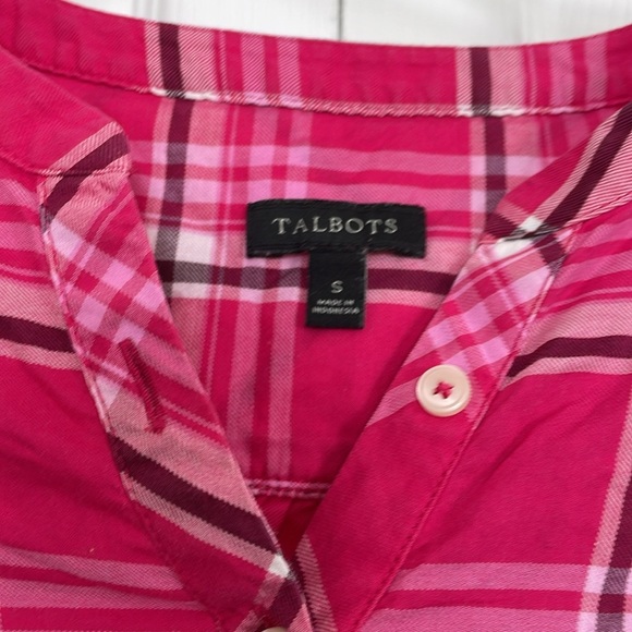 Women’s Talbots sz S pink white burgundy plaid tunic. 5 buttons long sleeve - Picture 3 of 6